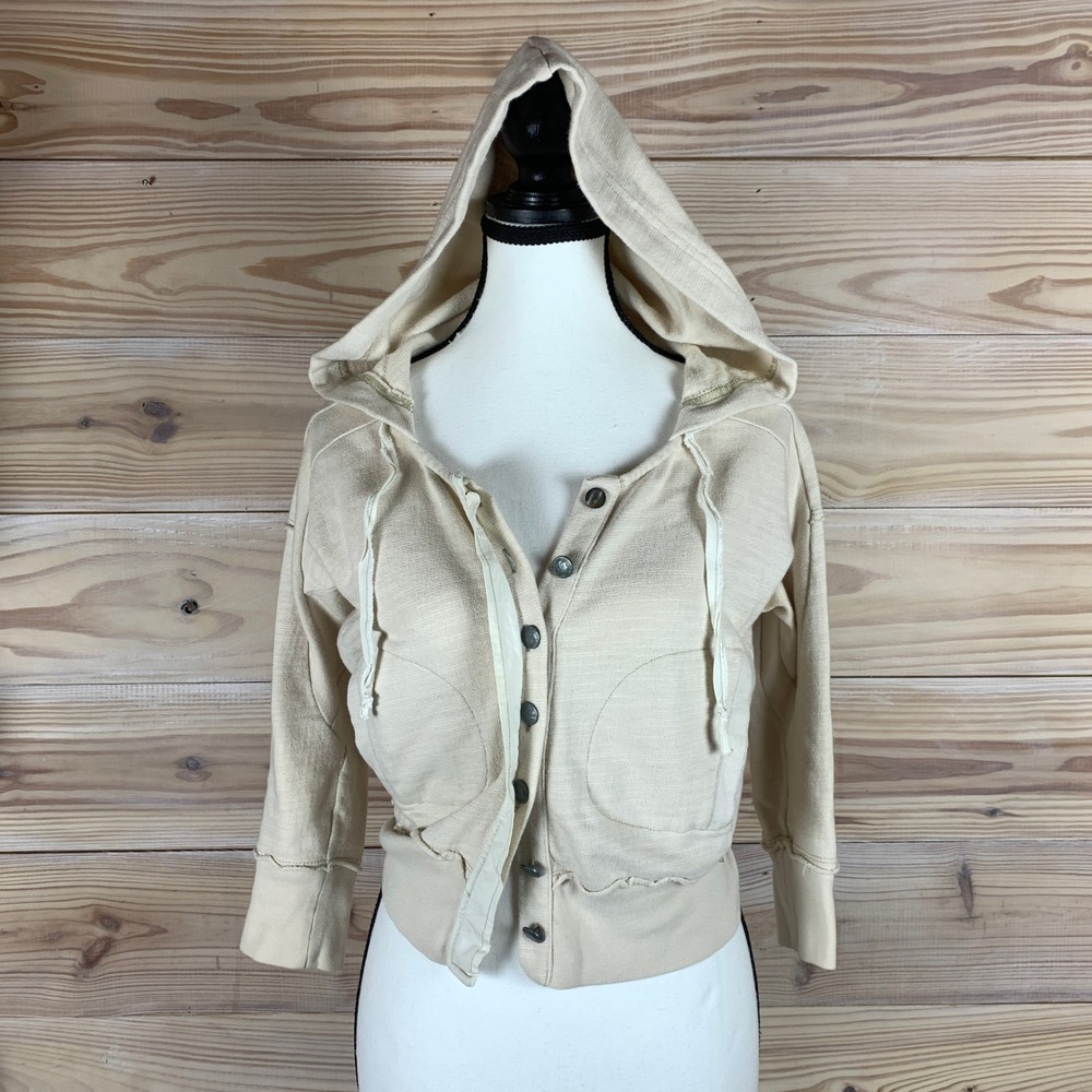 Free People Hoodie Women XS Cream Cropped Shrunken Sweatshirt